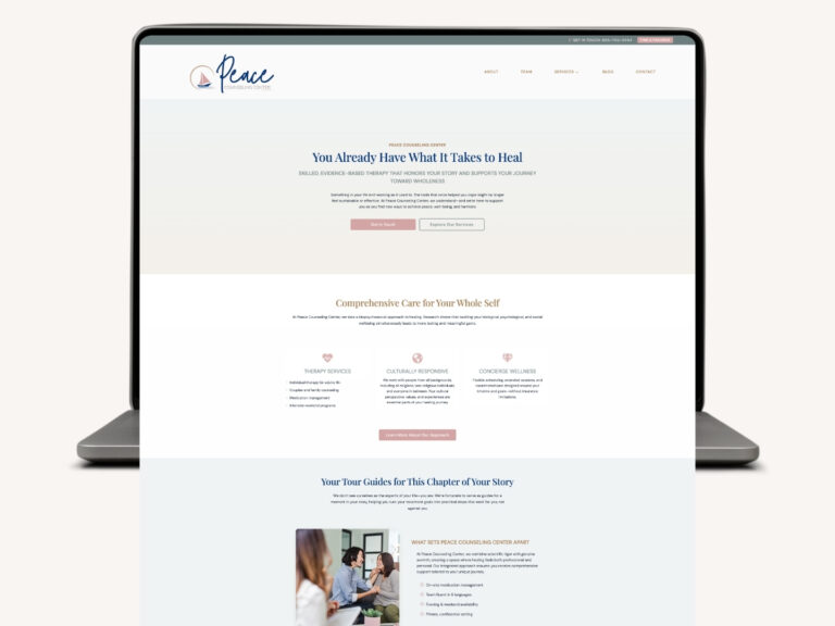 Screenshot of a laptop displaying the Peace Counseling Center homepage with a hero message: 'You Already Have What It Takes to Heal' and navigation links at the top.