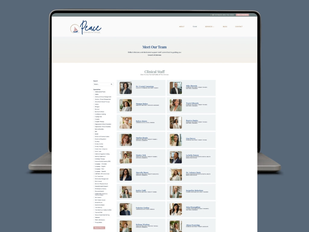 PCC 3 PCC 3'Meet Our Team' page with a grid of staff profiles, each card showing a photo and title.