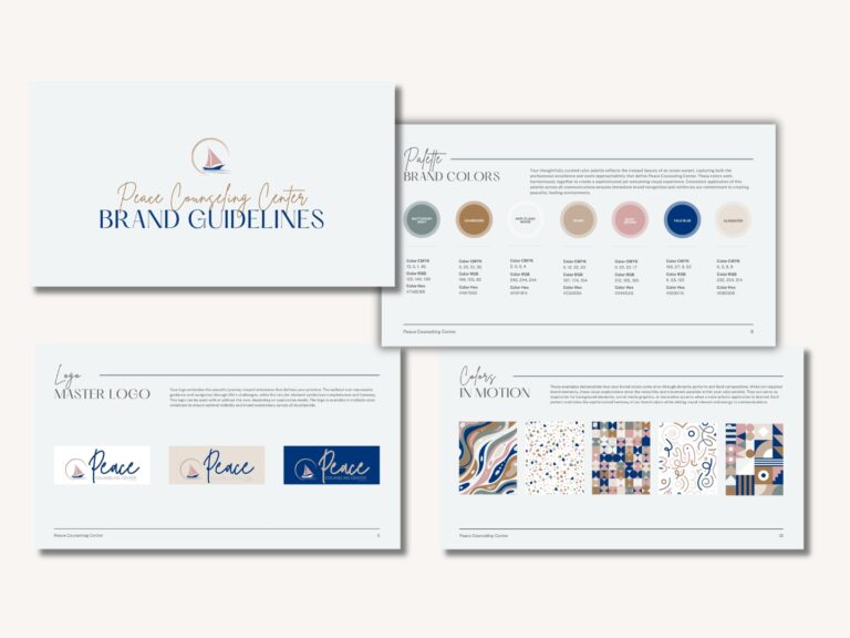 Brand guidelines collage: cover slide with Peace Counseling Center logo and navy typography, plus sample interior spreads showing color palette and logo usage.