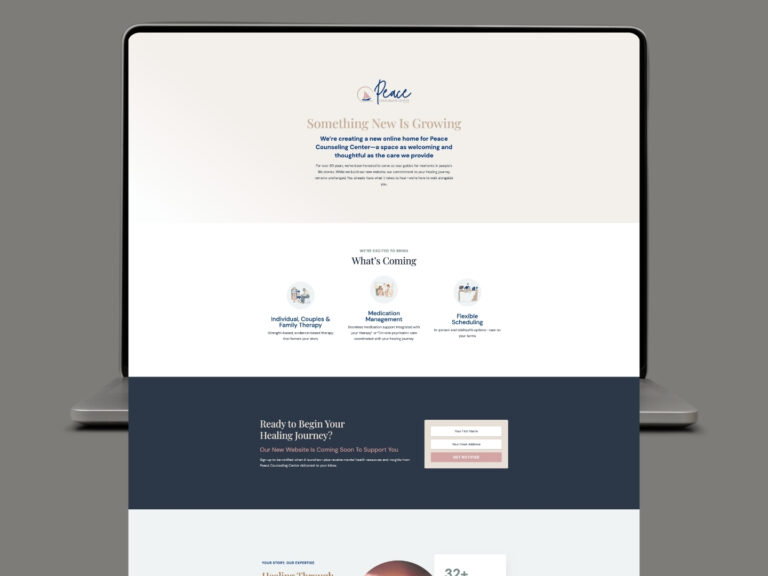 Coming soon landing page for Peace Counseling Center with the headline 'Something New Is Growing' and service icons for therapy, medication management, and scheduling reading 'What’s Coming' Section title appears mid-page.