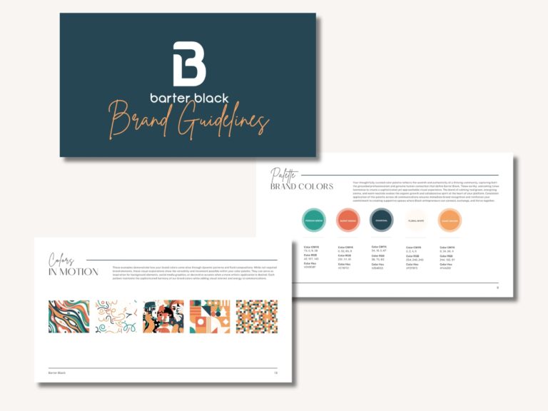 Brand guidelines booklet cover with 'barter black' logo and 'Brand Guidelines' script title on a dark teal background.