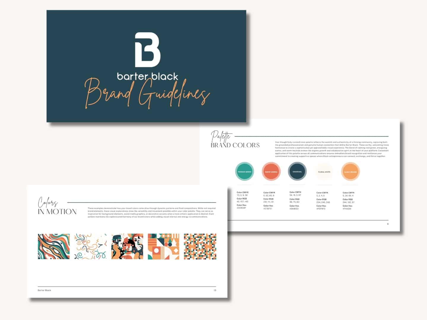 Brand guidelines booklet cover with 'barter black' logo and 'Brand Guidelines' script title on a dark teal background.