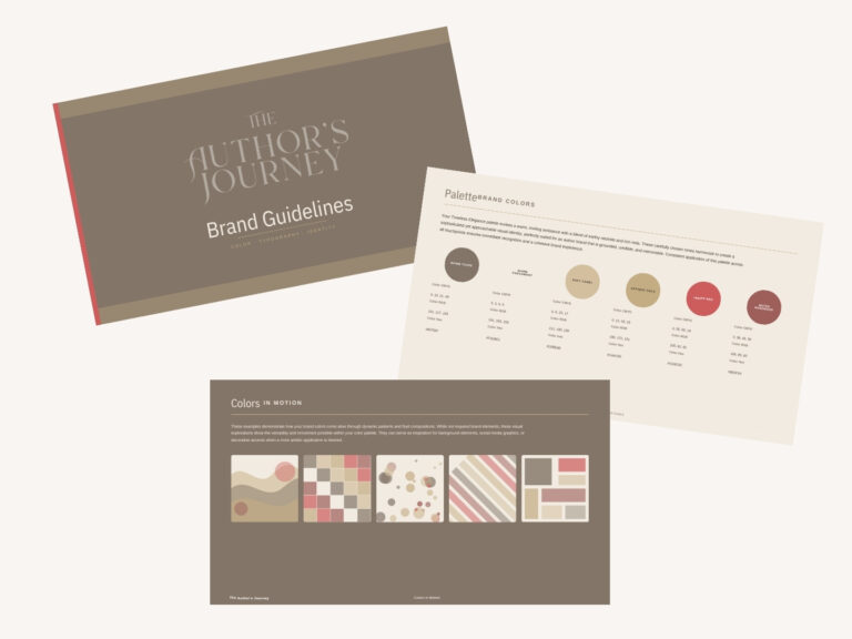Brand guidelines spread with a brown cover reading 'The Author's Journey' and a beige color palette page.