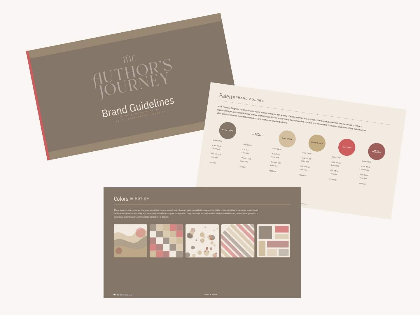 Brand guidelines spread with a brown cover reading 'The Author's Journey' and a beige color palette page.