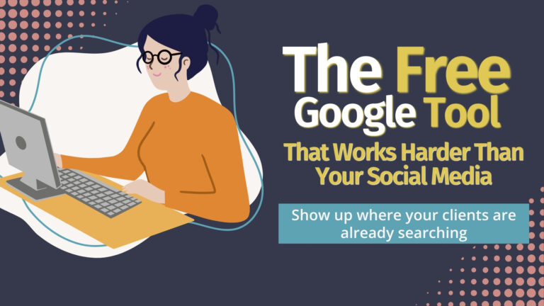 Illustration of a person with glasses using a laptop on a dark banner promoting a free Google tool to attract clients online, with bold text beside them.