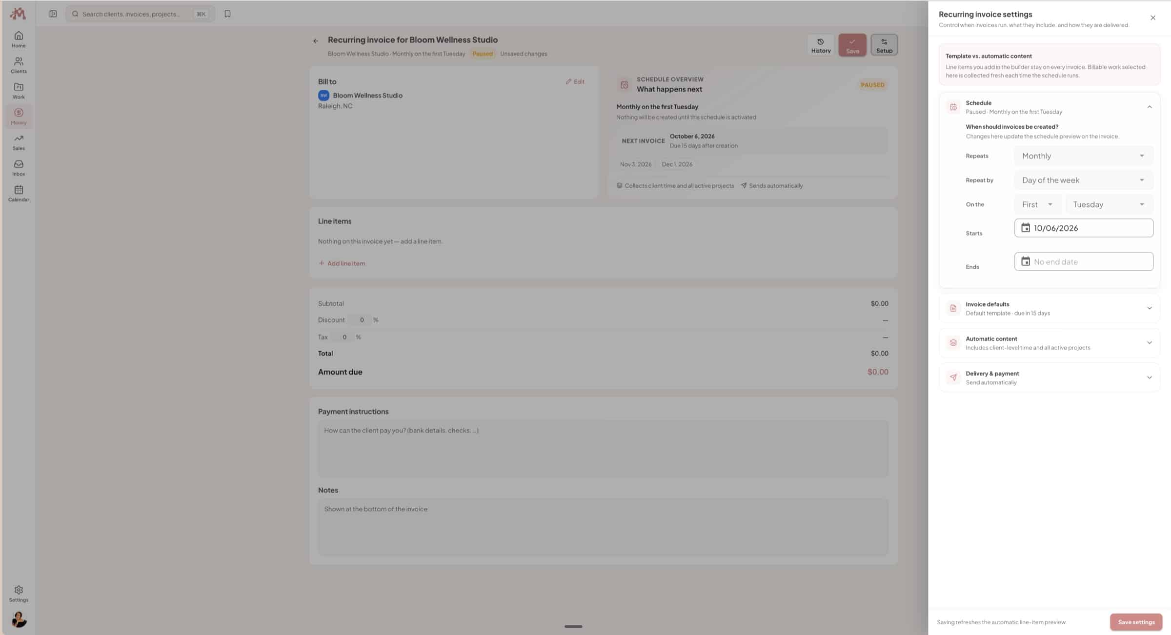 Moxie Recurring invoice setup