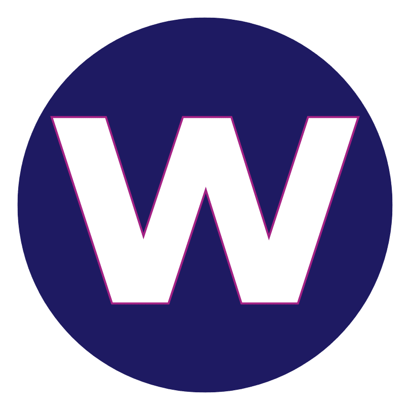 White W logo with a pink outline inside a dark blue circle.
