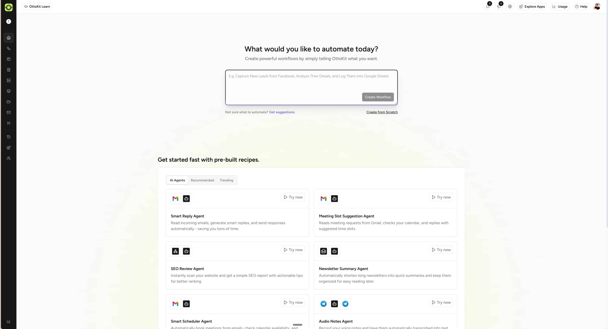 ottokit dashboard'What would you like to automate today?' with a Create Workflow box and pre-built recipe cards in viewNow mode? (informative)