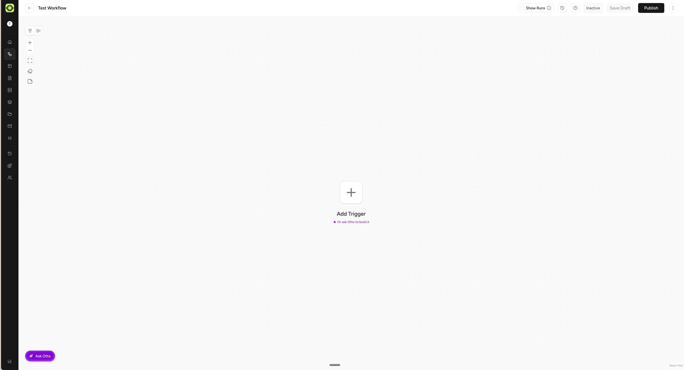 ottokit review workflow page'Add Trigger' placeholder and plus icon, awaiting the first trigger to build the workflow.